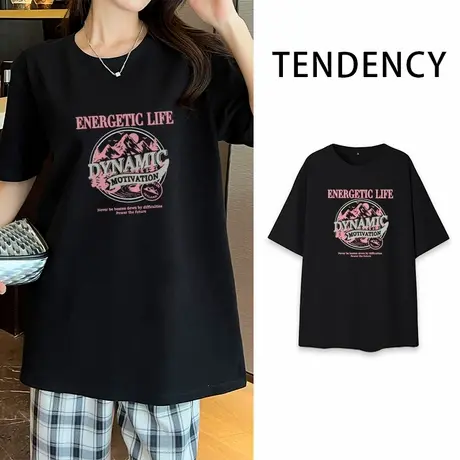 KWV真维斯中长款大t恤女短袖黑色纯棉上衣宽松夏季新款落肩袖半袖商品大图