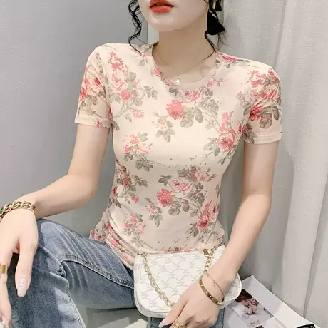 复古印花短袖T恤女2024夏装新款时尚洋气网纱上衣修身圆领小衫ins商品大图
