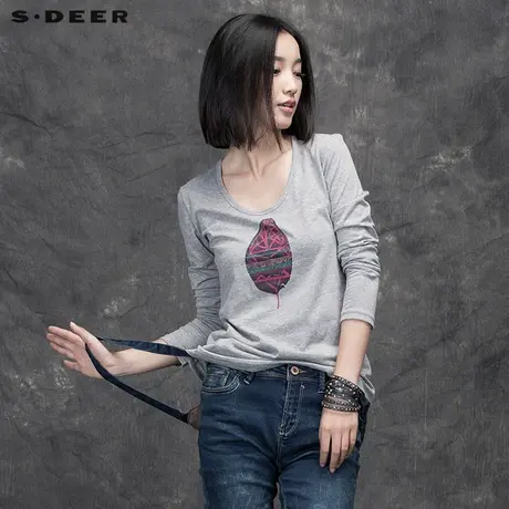 sdeer圣迪奥随性涂抹的树叶印花长袖T恤S15480207图片