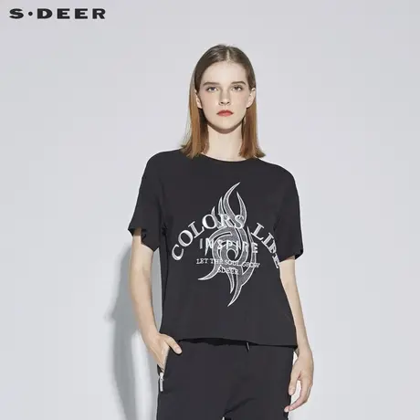 sdeer圣迪奥2019夏女装休闲黑圆领立体字母绣花短袖T恤S18280108图片