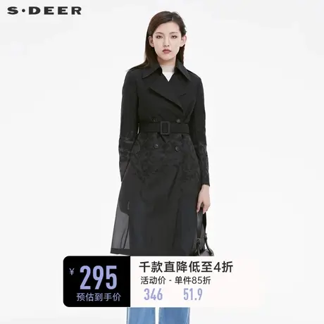 sdeer圣迪奥女装翻领印花收腰双排扣长款风衣S22181814图片