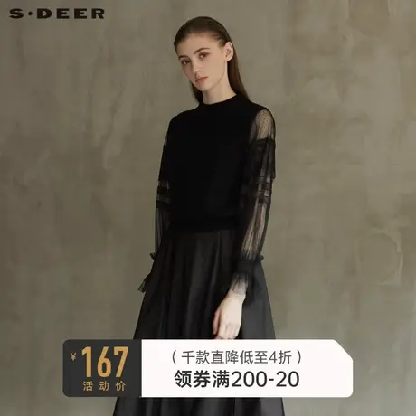 sdeer圣迪奥冬装复古罗纹圆领蕾丝网纱黑色针织S21463587图片