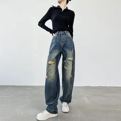 美式复古破洞牛仔裤女2025春季新款高腰宽松弯刀裤直筒宽松阔腿裤商品大图