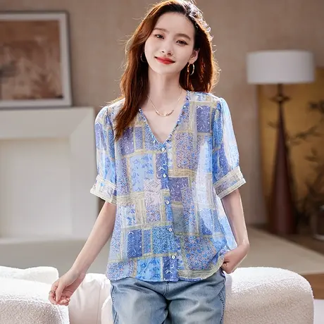 宝诗黎V领印花短袖衬衫女2025夏季洋气休闲百搭减龄慵懒女装小衫图片