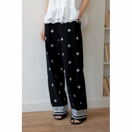 弥古民族风直筒阔腿裤女2025夏季薄款裤子高级感刺绣显瘦坠感长裤商品大图