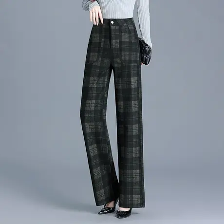 2025春秋新款毛呢格子直筒裤高腰女士通勤显瘦阔腿裤垂感休闲长裤商品大图