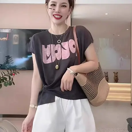 冰丝针织正肩短袖t恤女2025新款夏季宽松休闲设计感不规则上衣女图片
