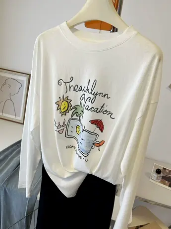 慵懒风松弛感~透透防晒长袖T恤女夏季薄款字母印花宽松罩衫上衣图片