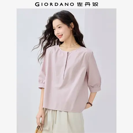 佐丹奴衬衫女装纯棉府绸圆领半开襟中袖梭织休闲衬衫 13345310商品大图