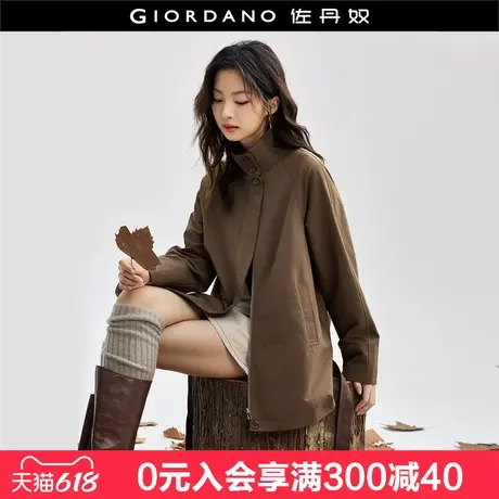 佐丹奴防风夹克女立领暗门襟绑带插肩宽松中长款风衣外套18374816商品大图