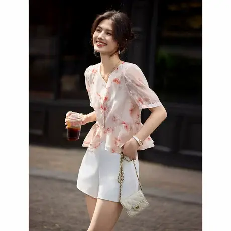 时尚气质衬衫2024年夏季新款女INS风花边显瘦V领百搭碎花短袖上衣商品大图