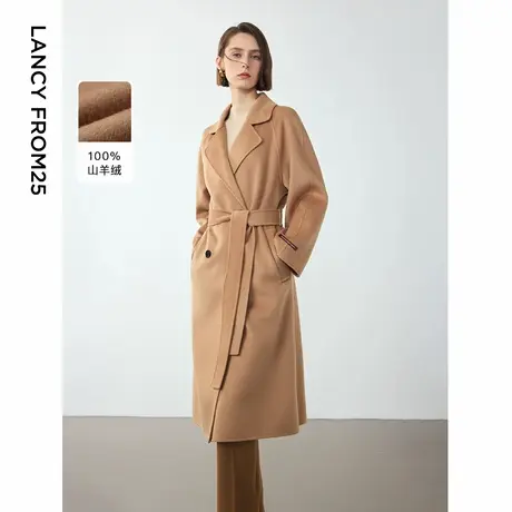朗姿高级感纯羊绒双面呢大衣2024冬新款复古双排扣中长款毛呢外套商品大图
