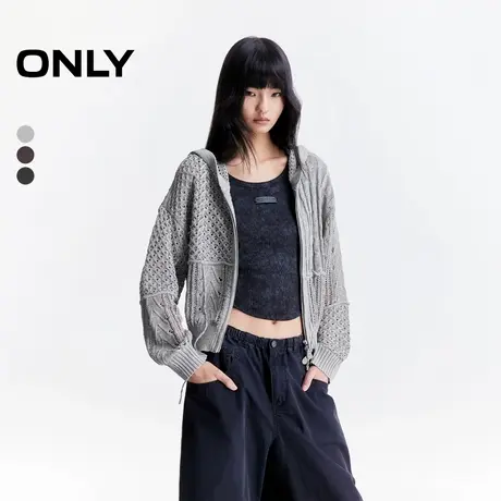 ONLY2025秋季新款宽松落肩不对称钩花编织肌理连帽开衫针织衫女商品大图