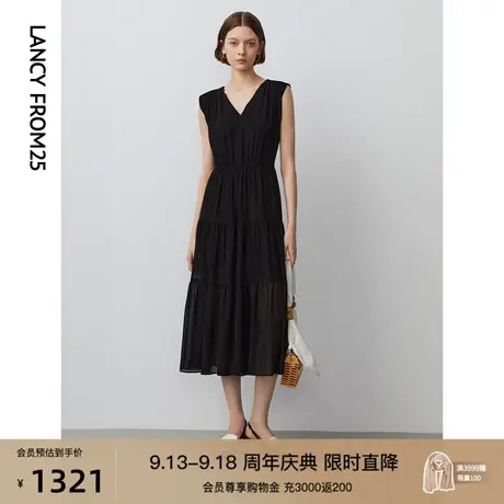 朗姿连衣裙女秋季新款2023轻礼服无袖气质收腰V领小黑裙长裙子女图片