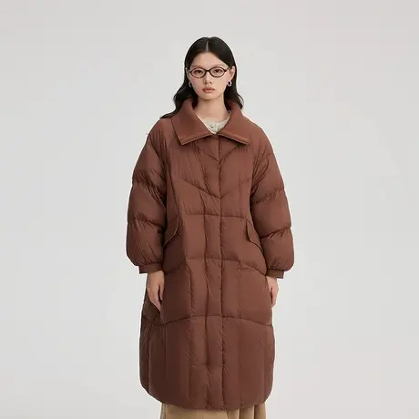 艾莱依长款羽绒服新款针织拼接翻领大衣简约时尚保暖百搭通勤外套图片