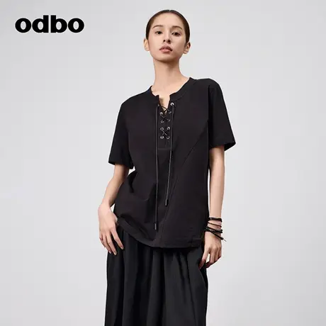 odbo/欧迪比欧宽松时尚休闲拼接蜡绳2024夏季新款短袖女拼接T恤图片
