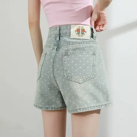 波点牛仔短裤女夏季薄款高腰宽松显瘦a字辣妹复古直筒阔腿热裤子商品大图