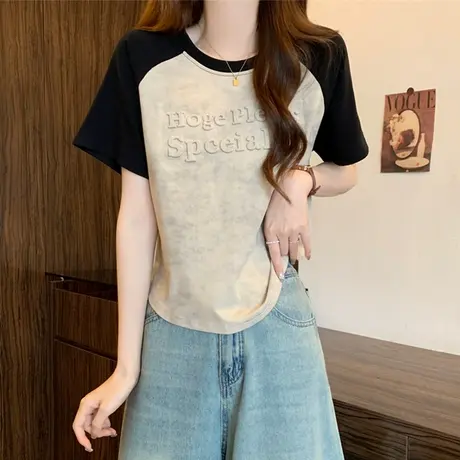 渐变色扎染短袖t恤女夏季韩版宽松大码女装胖mm撞色显瘦正肩上衣商品大图
