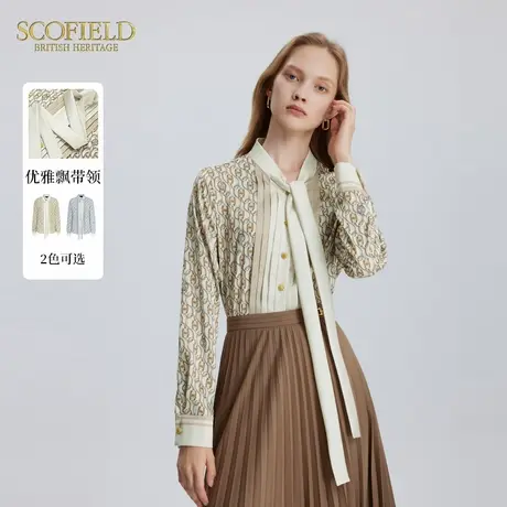 Scofield女装蝴蝶结飘带领压褶雪纺衫锁链logo印花衬衫春季上衣商品大图
