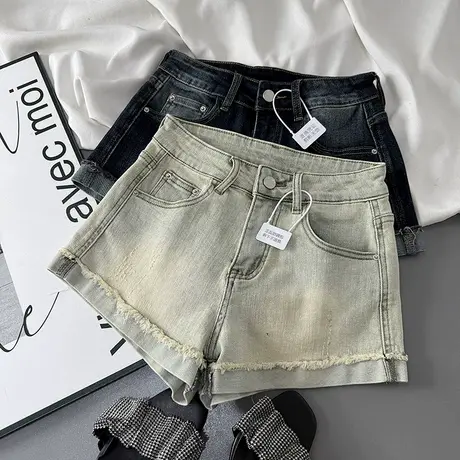美式做旧卷边高腰牛仔短裤女2025夏季新款弹力紧身包臀a字热裤潮商品大图