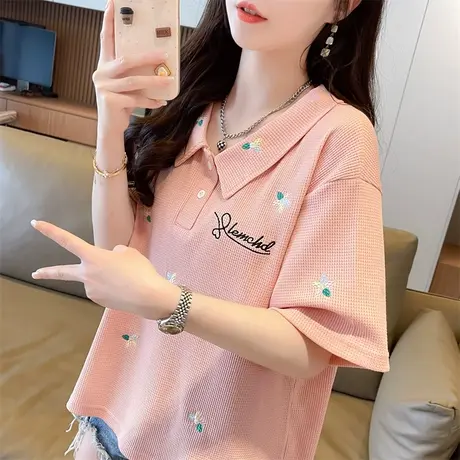 翻领polo衫短袖t恤女夏季韩版宽松大码设计感小众华夫格刺绣上衣图片