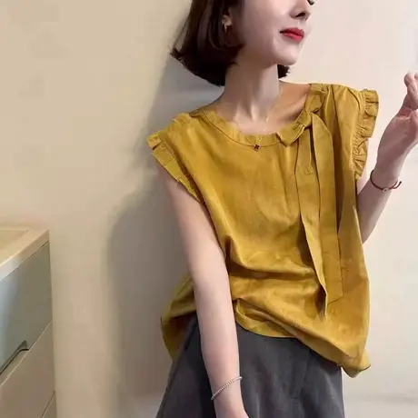 法式木耳花边甜美系蝴蝶结无袖衬衣女2025夏季设计感小众别致上衣商品大图