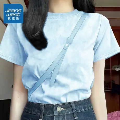 KMV真维斯蓝色扎染短袖t恤女2025新款夏高级感宽松正肩mm上衣体恤图片