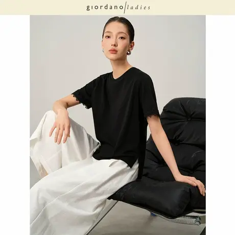 GL2025夏季新款短袖T恤女纯色纯棉拼接蕾丝袖口圆领上衣02325036图片