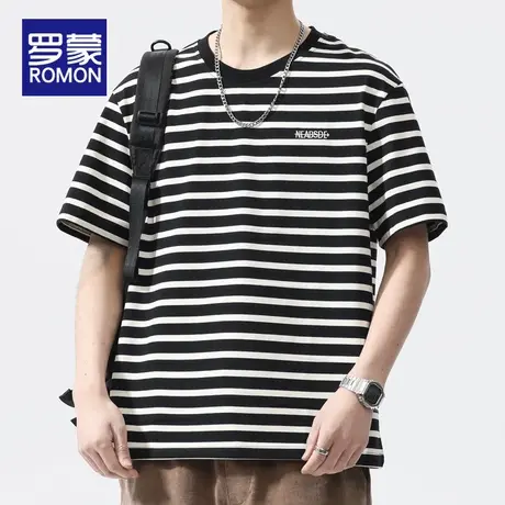 罗蒙黑白条纹短袖t恤男潮牌宽松大码日系重磅休闲设计感体恤夏季图片