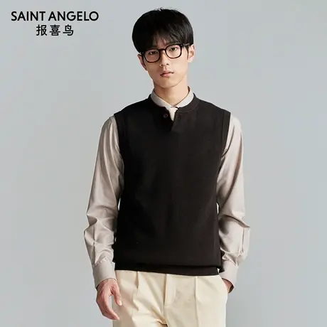 报喜鸟秋季新款男士时尚休闲无袖圆领羊毛衫背心上衣纯色马甲男图片