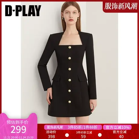 DPLAY秋装新轻奢经典黑美背方领重工金属扣西装连衣裙小黑裙商品大图