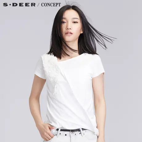 sdeer圣迪奥2018夏季女装自然垂褶设计感短袖T恤S16280103图片