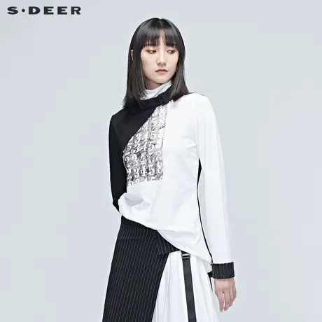 sdeer圣迪奥春装撞色拼接字母印花立领白色长袖棉质T恤S20380219图片