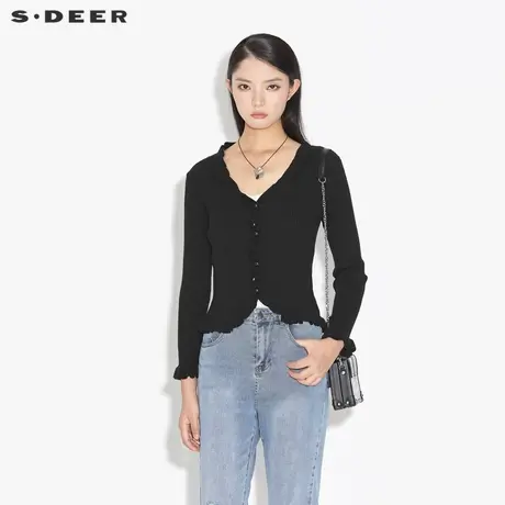 sdeer圣迪奥春季复古V领木耳边毛衣针织开衫女S21363535图片