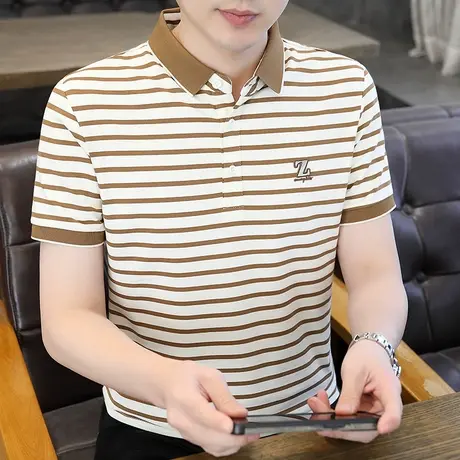 条纹纯棉短袖POLO衫男夏季半截袖翻领绣花T恤男士夏装高端上衣服商品大图