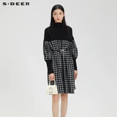 【直播间专属】sdeer圣迪奥复古高领格纹收腰针织连衣裙S224Z1215图片