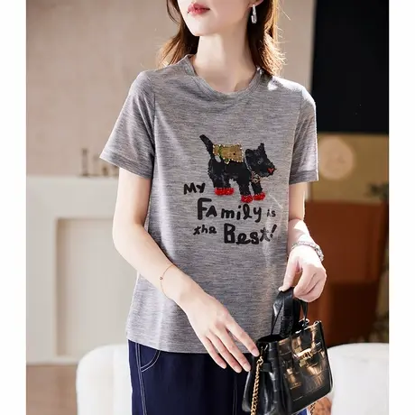 宝诗黎圆领钉珠印花短袖女2025新款正肩显瘦百搭夏季休闲棉质T恤图片