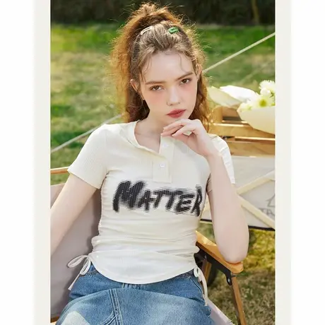 a02复古辣妹风抽绳设计正肩女式T恤夏季新修身显瘦短袖上衣商品大图