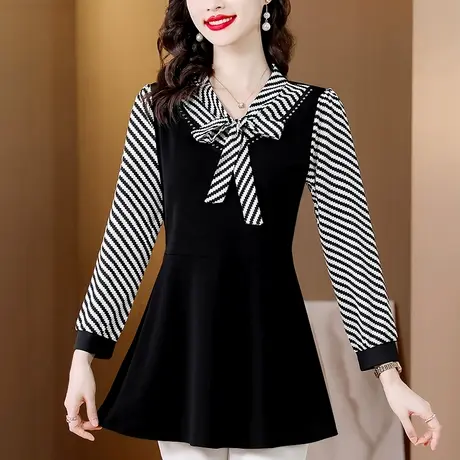 中长款打底衫女秋装新款时尚条纹接拼假两件女上衣收腰显瘦遮肚子商品大图