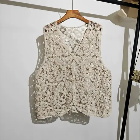 勾花镂空针织马甲背心女开衫夏季新款波西米亚度假风无袖上衣坎肩商品大图