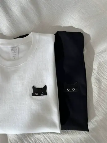 复古港风猫咪贴布刺绣纯棉短袖T恤女早春宽松学生半袖情侣上衣服商品大图