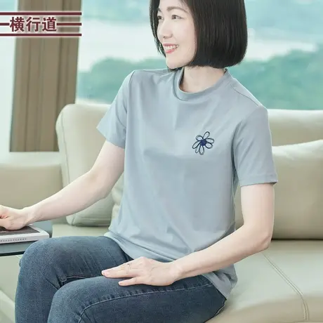 简约半高领刺绣休闲宽松上衣纯色打底衫半袖夏装女士T恤2025新款图片