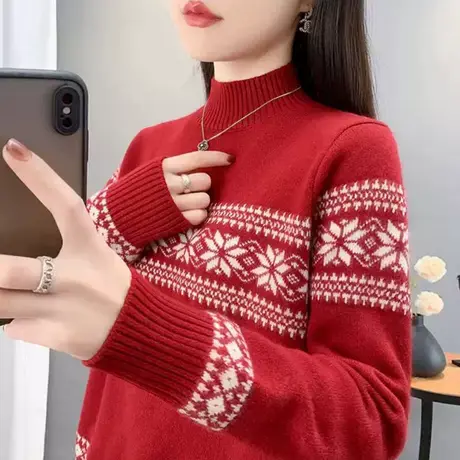 圣诞毛衣女款2025新款秋冬宽松半高领上衣冬季加厚撞色内搭打底衫商品大图