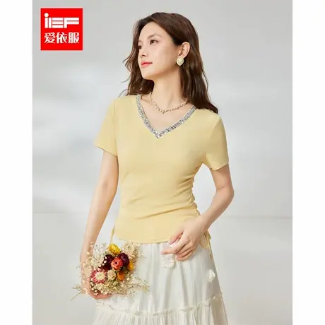 IEF/爱依服T恤2025夏季新款韩版成熟通勤气质V领设计百搭显瘦上衣图片