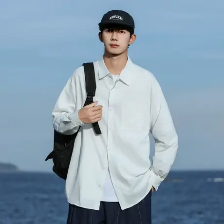 回力日系白色衬衫男春秋2025新款宽松休闲长袖工装男生白衬衣外套商品大图
