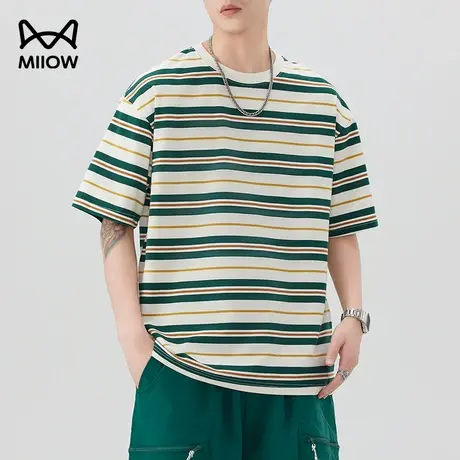 猫人条纹撞色短袖男夏季美式复古宽松圆领打底衫T恤休闲百搭上衣商品大图