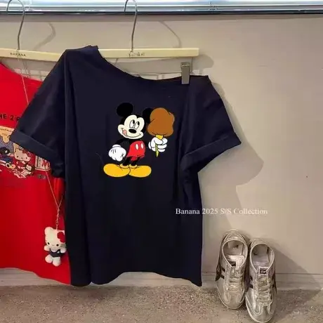 韩国东大门夏季款时尚宽松卡通米奇印花斜肩一字领短袖t恤女上衣商品大图