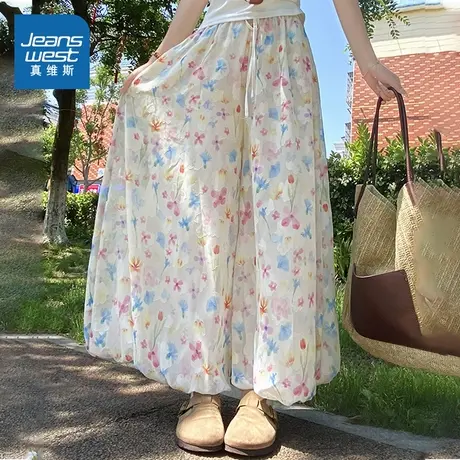 KC真维斯女装 2025秋季新款女款花朵花纹时尚百搭甜美女士长裤裙商品大图