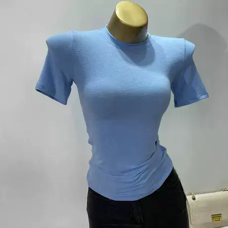 一直想要的蓝~纯色基础款圆领短袖T恤女修身显瘦弹力体恤上衣夏新图片