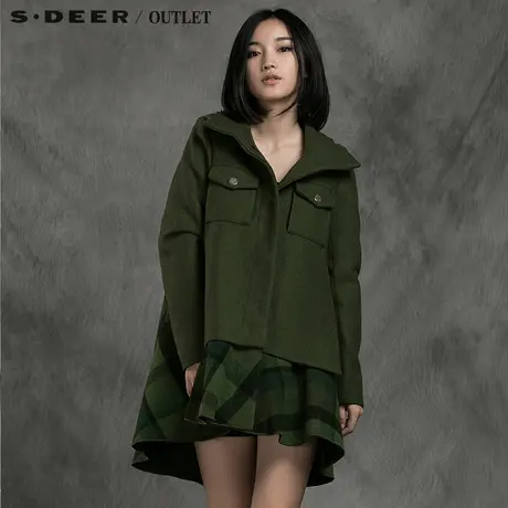 s.🌐deer【🌑新品】🌒圣迪奥专柜正品女冬格纹毛呢拼接棉大衣S14481735商品大图